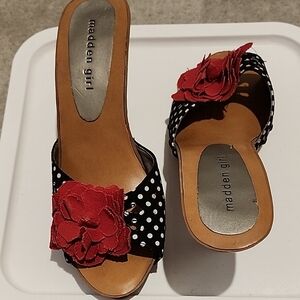 Madden Girl Black and White Polka Dot Mules with Red Floral Accent